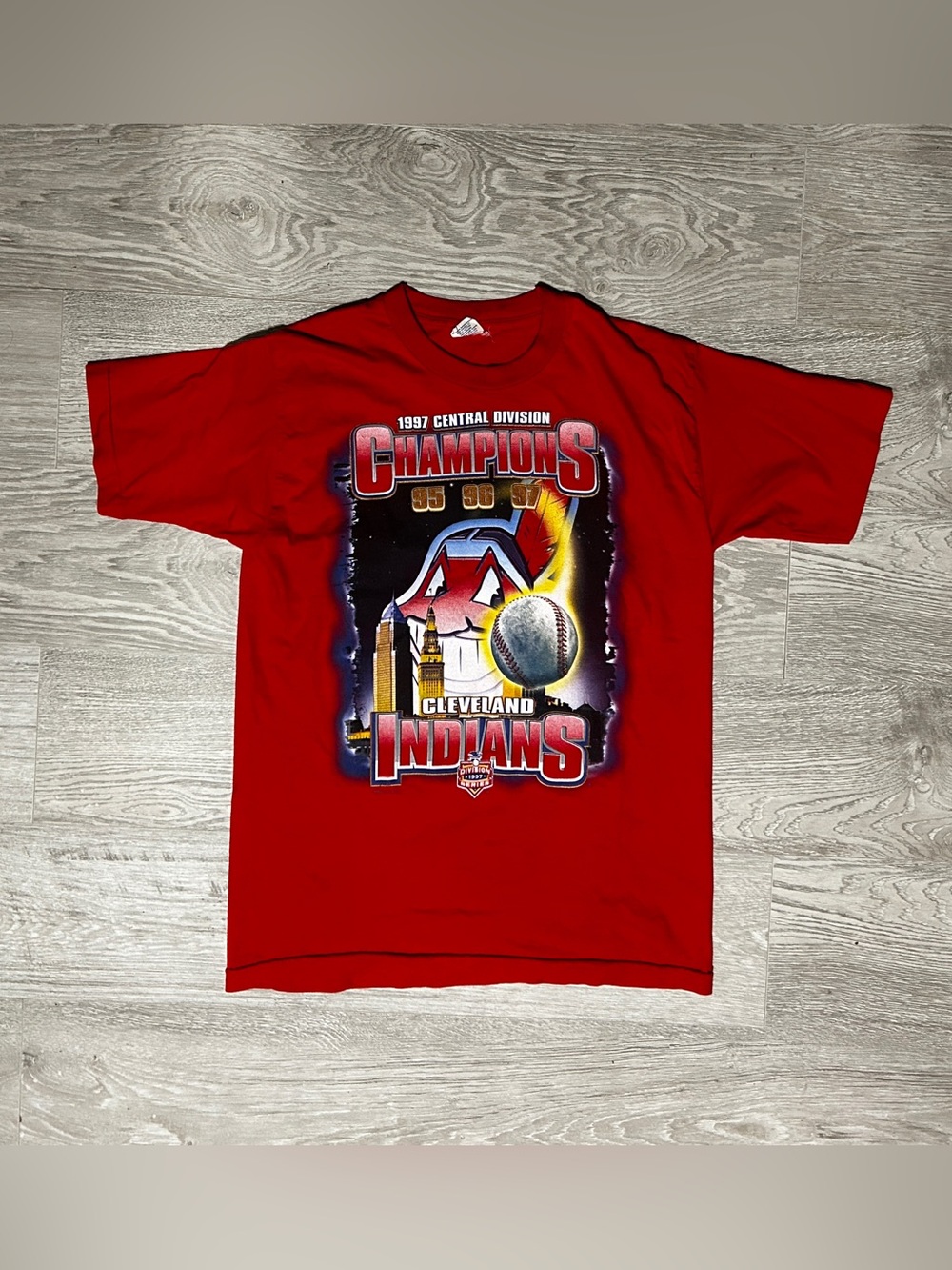 Cleveland Indians 1997 Central Division Champions Vintage MLB Red Graphic Shirt